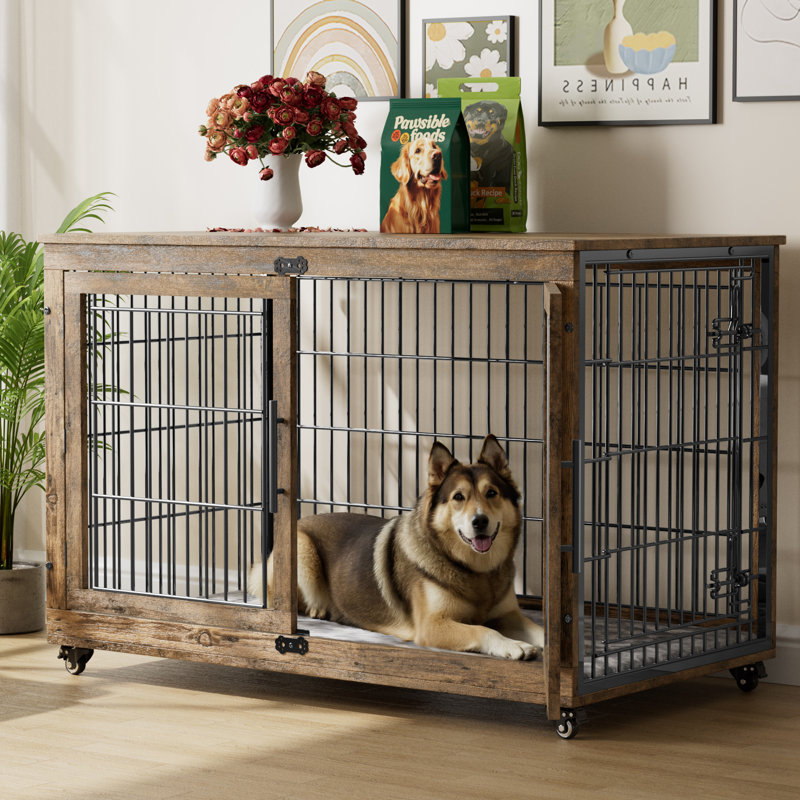 Dyako Dog Crate Furniture, Side End Table, Mordern Kennel, Wooden Heavy-duty Dog Cage, Dog House, Indoor End Table, Night Stand, w/Cushion and Wheels, Double-door, 3mm-5mm(dia) Iron Fence