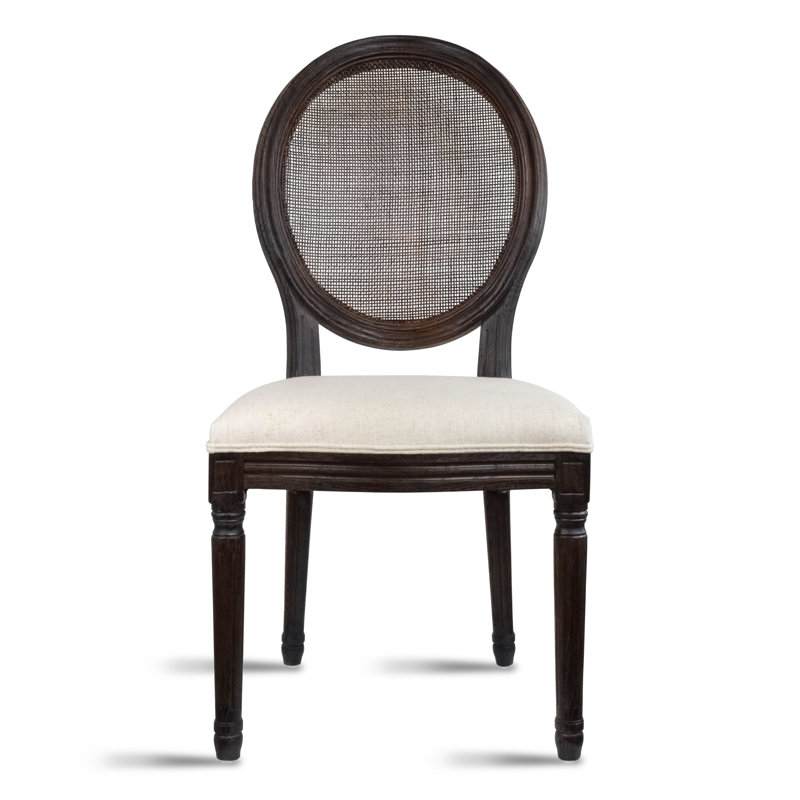 French Country Dining Chairs | Upholstered Linen Padded Fabric with Rustic Dark Brown Wooden Frame | Farmhouse Oval Rattan Back Side Chair For Kitchen, Wedding Chairs, Ivory Off White