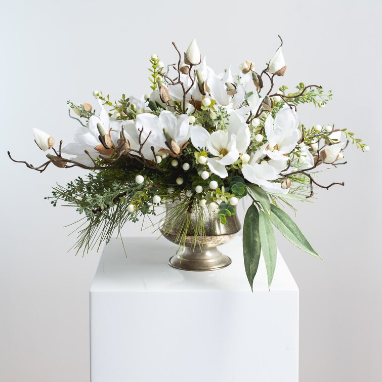 White Magnolia, Mixed Greens & Berry Everyday Winter Floral Arrangemen –  Darby Creek Trading