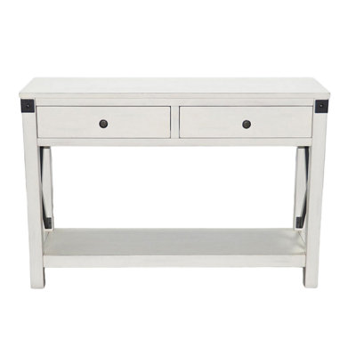 Sime Sofa Table w Shelf, 2 Drawers, 44 Inch Rectangular Off White Wood
