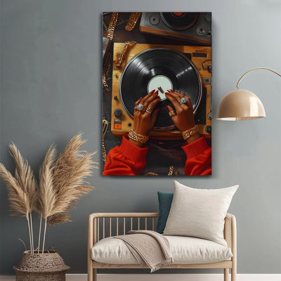 Disque vinyle et main de DJ - Affiche murale musicale sur toile tendue sur châssis, 91,4 cm (H) x 61 cm (L), prête à accrocher pour une salle de musique, un salon ou un studio.