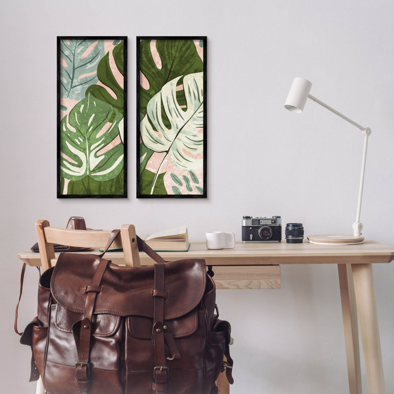 «Modern Layered Monstera Leaves», ensemble de 2 impressions sur toile encadrées par Ziwei Li, Giclée encadrée noir minuit