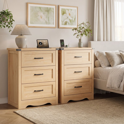 Ensemble de table de chevet 3 tiroirs l 23,6 po avec station de charge et armoire de chevet pour la chambre à coucher
