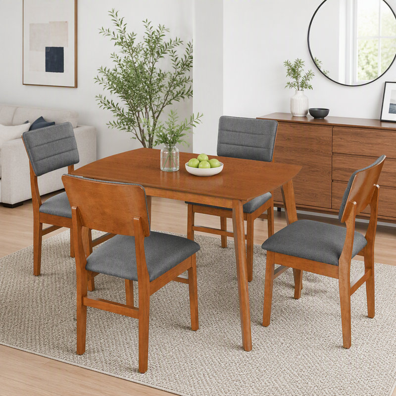 Ensemble de salle à manger 5 pièces avec cadre en bois d'hévéa et chaises rembourrées, Brun / Gris