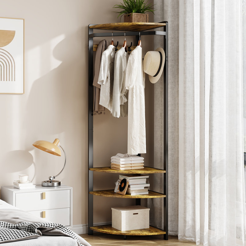 Portemanteau de coin semi-circulaire peu encombrant - 6 crochets doubles, banc à chaussures, 4 tablettes de rangement - organisateur de vestibule autoportant pour couloir, chambre à coucher, vestiaire - brun rustique et noir