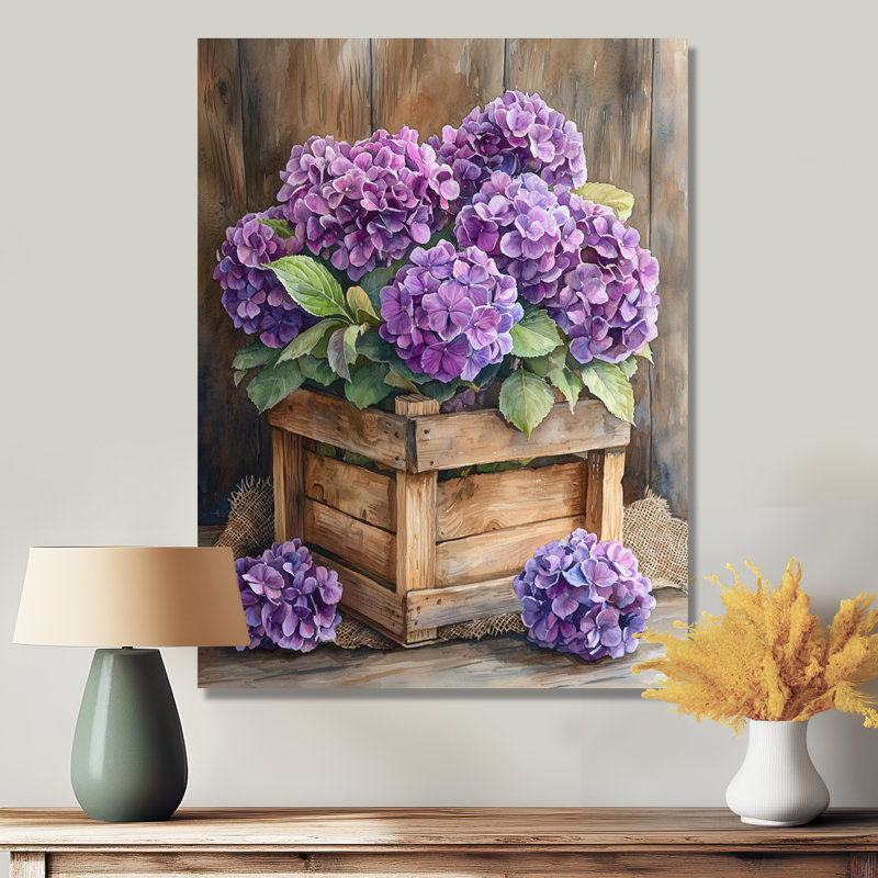 Hydrangées, bouquet dans une caisse en bois I - reproduction d'art traditionnelle en métal, art mural hydrangées en métal
