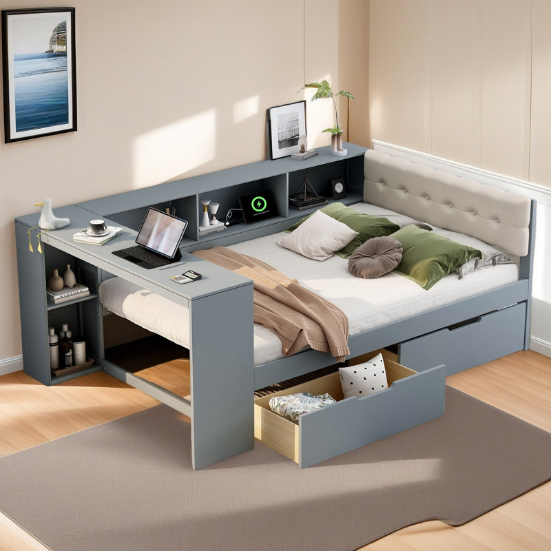 Lit plateforme en bois avec tablettes de rangement, tiroirs, station de charge et tête de lit tapissier, gris, Double
