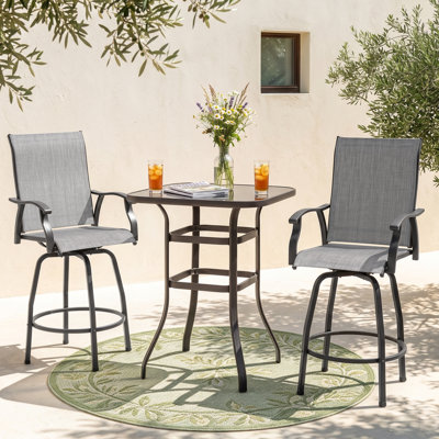 Ensemble de bar d'extérieur 3 pièces en polyester enduit de PVC, tabourets pivotants et table de bar, gris