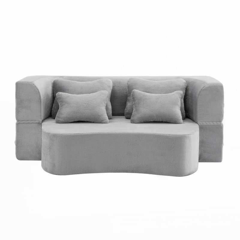Canapé futon en tissu moelleux comprenant 4 coussins, aucun assemblage requis, Gris clair
