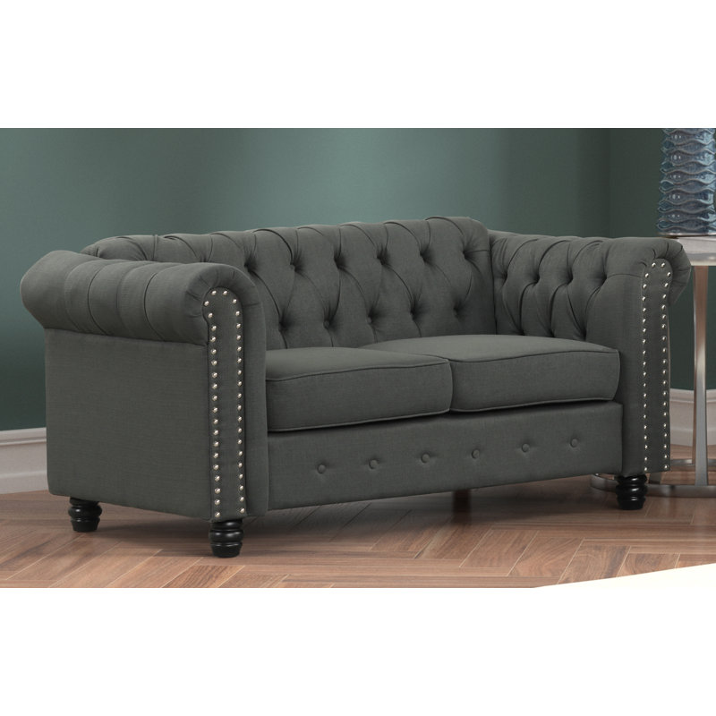 Causeuse Chesterfield à accoudoirs roulés 61 po Leite, Mélange de lin gris