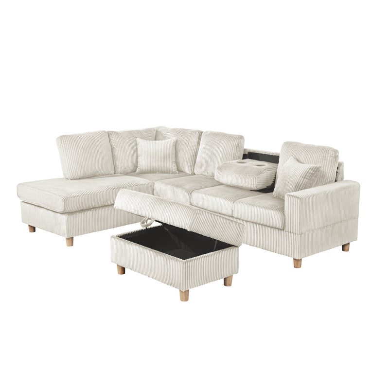 3Pc Velvet Corduroy Reversible Sectional With Chaise, Drop Down Table, And Storage Ottoman, Beige Velvet