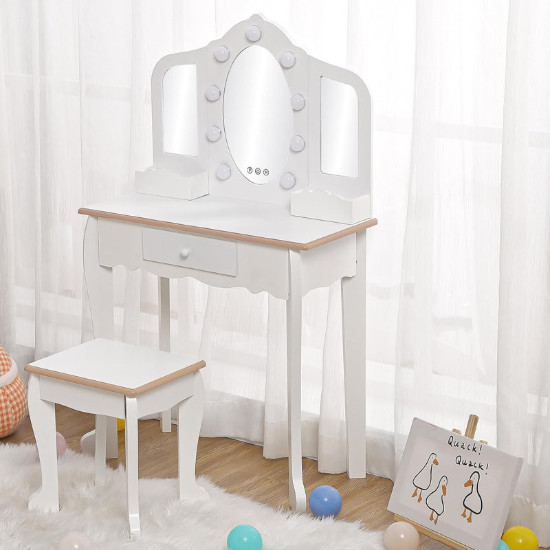 Coiffeuse pour enfants avec miroir lumineux - Petite coiffeuse et tabouret - Maquillage pour enfants avec miroir pliable en trois - Tiroir et grille de rangement pour 3 à 9 ans - Blanc