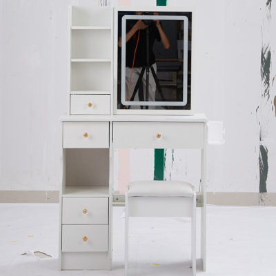 29.2" Small Size Left Drawer Desktop Vanity Table + Cushioned Stool, 2 AC+2 USB Power Station, Hair Dryer Bracket, Extra Large Touch Control Sliding LED Mirror, Tri-Colour Switching, Brightness Adjust, Makeup Vanity
