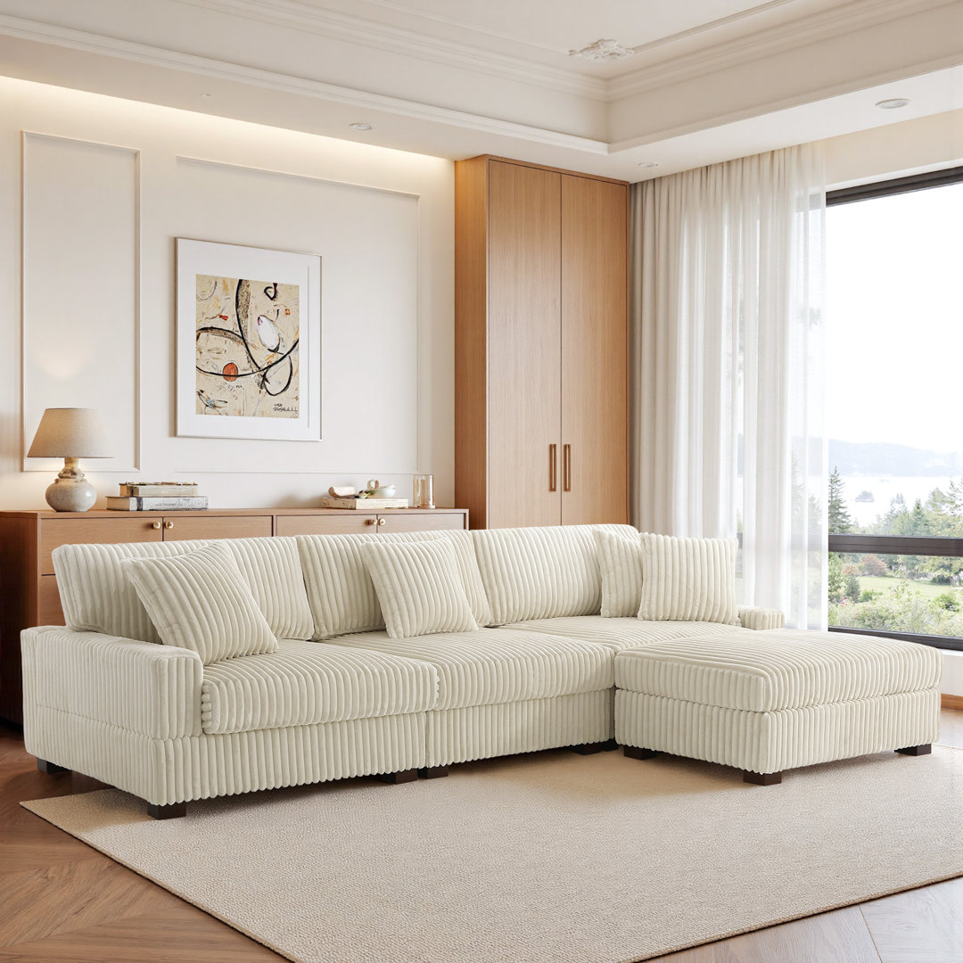 4 - Piece Upholstered Faux Rabbit Fur Flannel Modular Sectional Sofa with Throw Pillows & Removable Ottomans