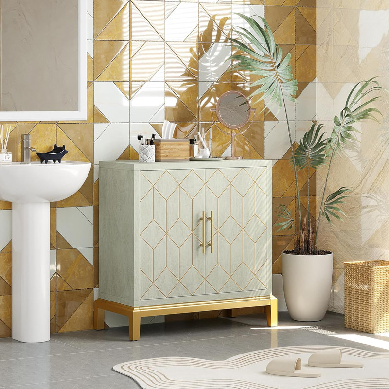 Accent Cabinet, LIght Gray/Gold, 29.33" H x 30.71" W x 13.39" D