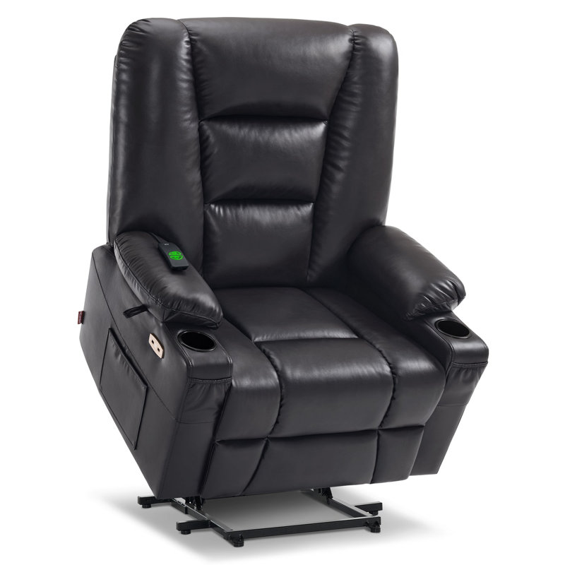 Ellamae Wide Power Recliner Lift Chair with Massage and Heat, Faux Leather, Black Faux Leather
