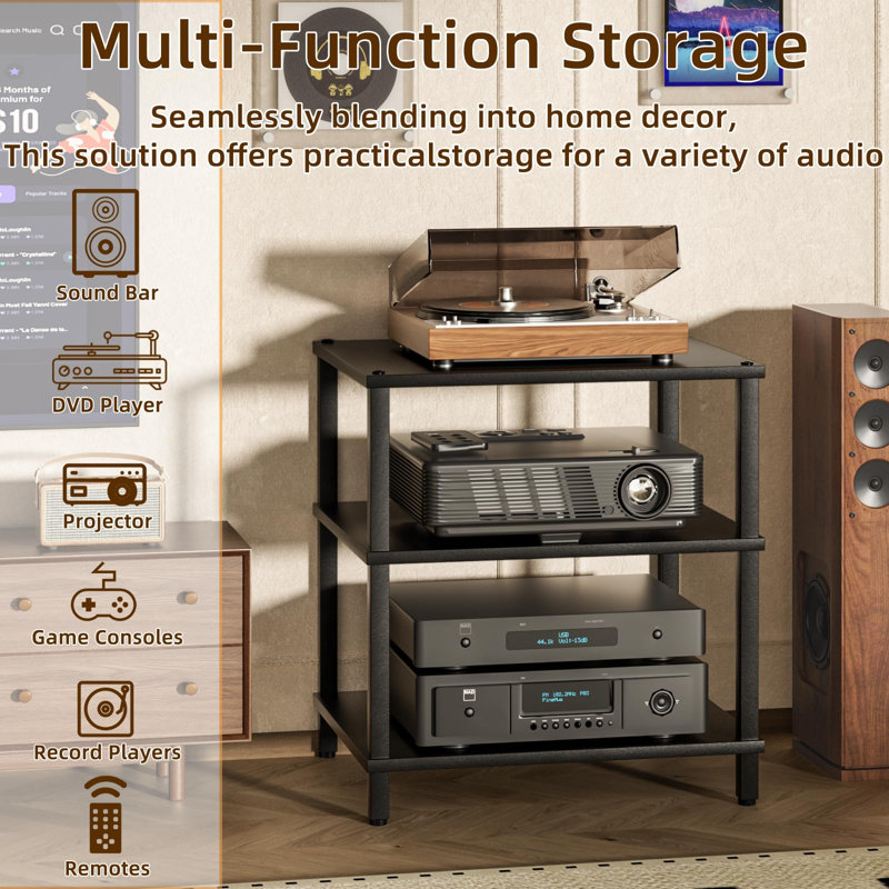 3-Tier AV Media Player Stand with Open Storage Shelves, Game Console & Stereo Equipment Organizer, Black