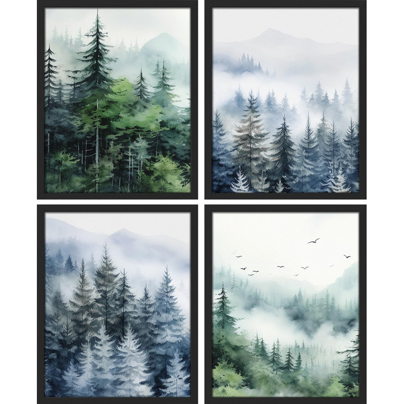 " Green And Teal Watercolor Forest Pine Trees Decor " 4 - Pieces, 16" H x 12" W, Black