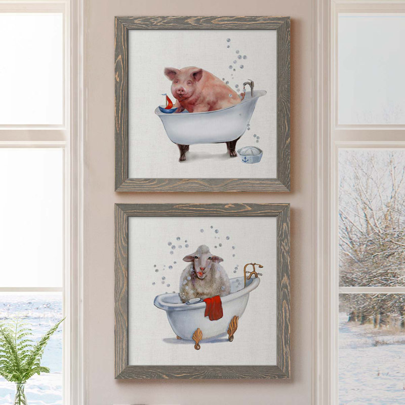 «Farm Tub Pig», ensemble de 2 peintures sur toile encadrées, H 17 po x l 34 po x P 1,5 po, Encadré gris