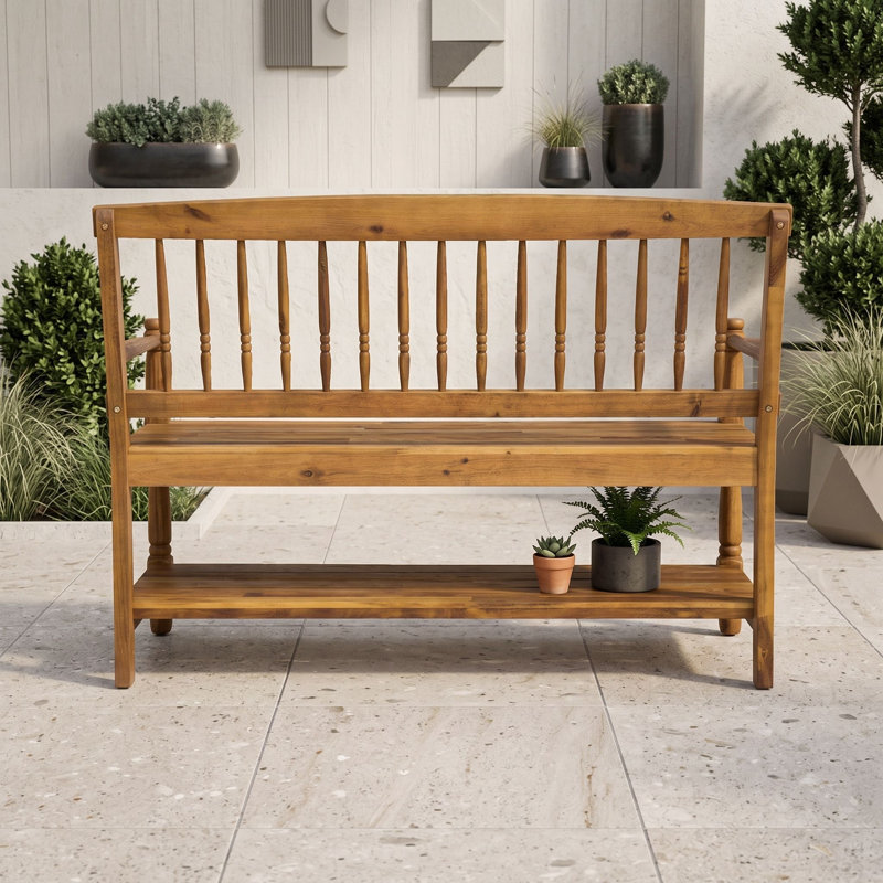 Banc d'extérieur en bois d'acacia avec tablette et structure robuste, siège de rangement rustique pour patio et entrée, Teck