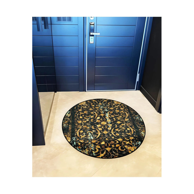 Black Theme Ethnic Motif Traditional Patterned Round Woven Base Vintage Decorative Carpet, Round 3'4"