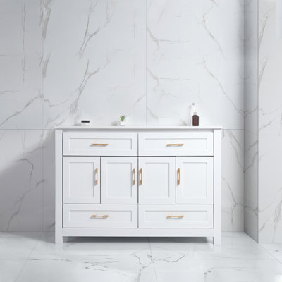 Meuble-lavabo 48 po blanc, armoire de rangement abondante - 4 portes à fermeture douce et 4 tiroirs (à l'exception du lavabo en céramique)