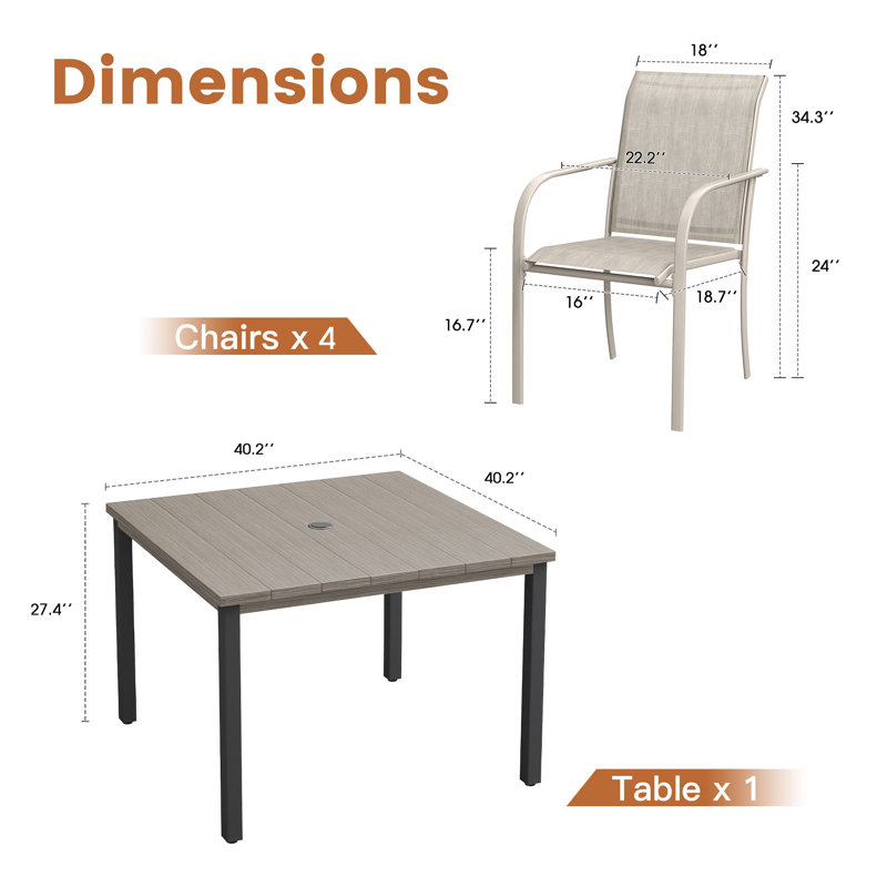 Patio dining set with Metal Square Dining Table and 4 Stackable Armrest Dining Chairs, Brush Wood Gray/Sandshell