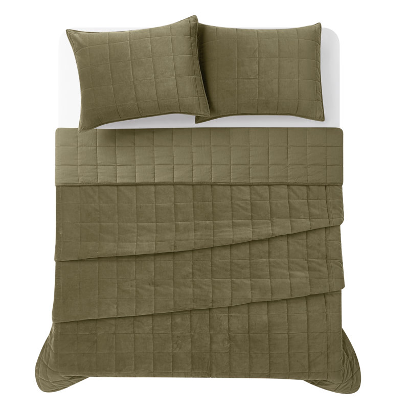 Brooklyn Loom Matte Cotton Velvet Channel Stitch Quilt Set, Twin Extra Long Quilt + 1 Twin Sham, Green