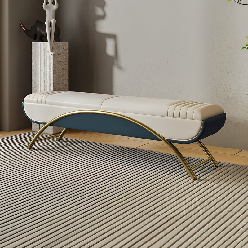 Banc rembourré avec tabouret italien, H 18,50 po x l 59,05 po x P 16,92 po, Bleu foncé / blanc cassé