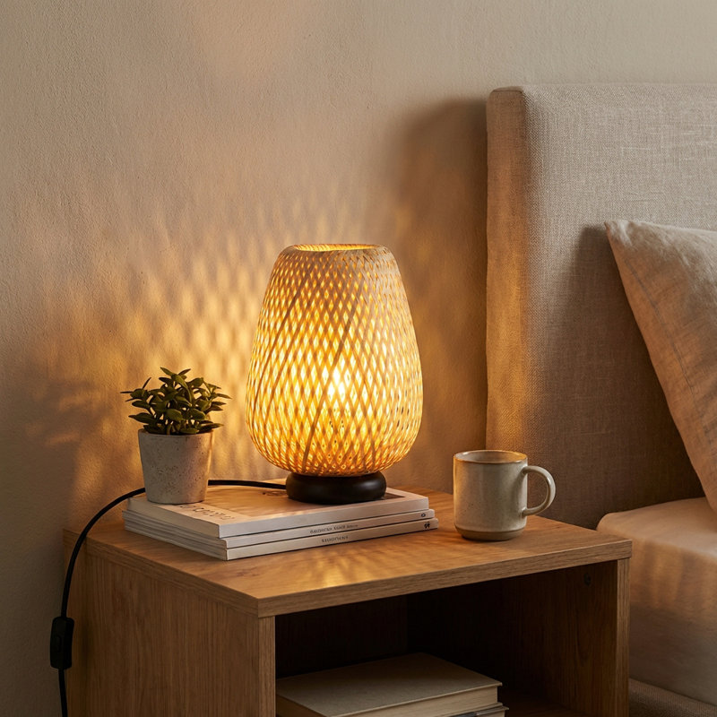 Maragozakis Rattan Handmade Bamboo Table Lamp, Retro Wicker Woven Boho Nightlight Reading Lamp for Living Room