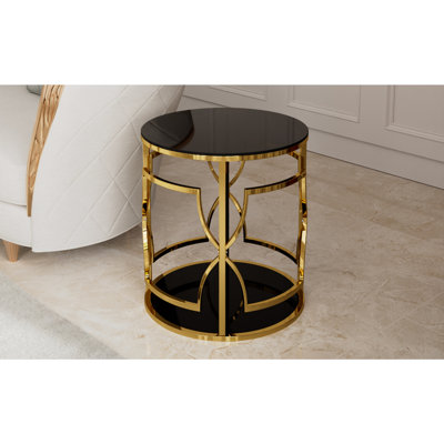 19.7" Luxury Gold Round Side Table with Tempered Glass Top & Storage Shelf