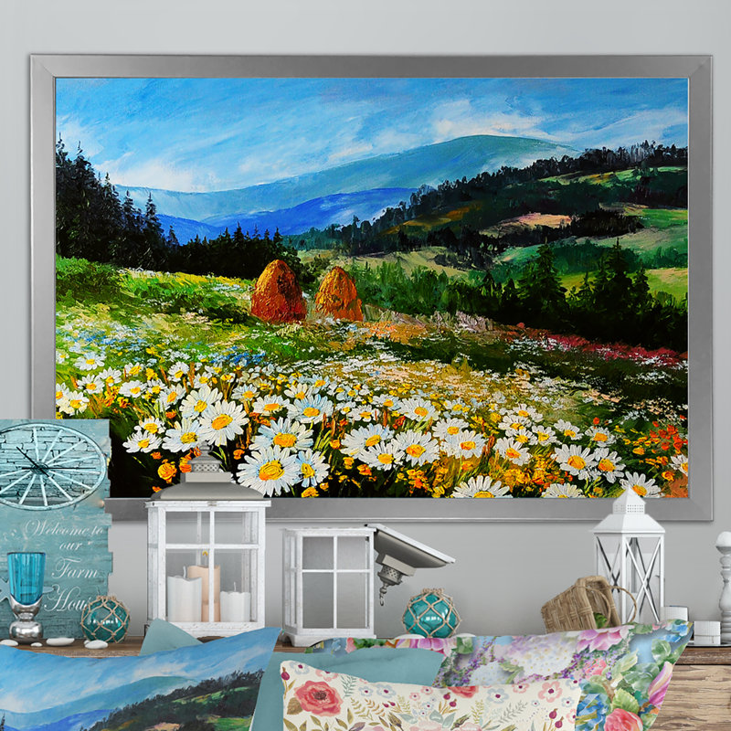 «Field Of Camomile Sunny Flowers», reproduction sur toile encadrée, H 24 po x l 36 po x P 1 po