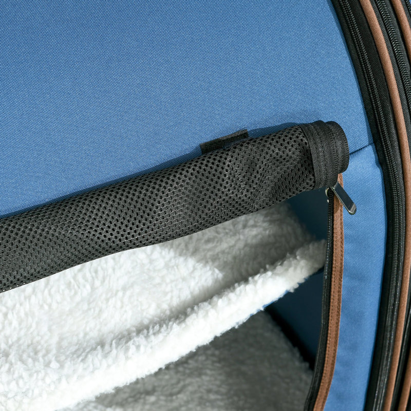 Sac de transport bleu 39 po. Matériau en tissu et en filet. Respirant. Coussin moelleux pour le confort. Pliable avec rangement. 2 portes à fermeture à glissière faciles d'accès. Fenêtres en filet à circulation d'air. Détachable en deux parties. Dimensions: