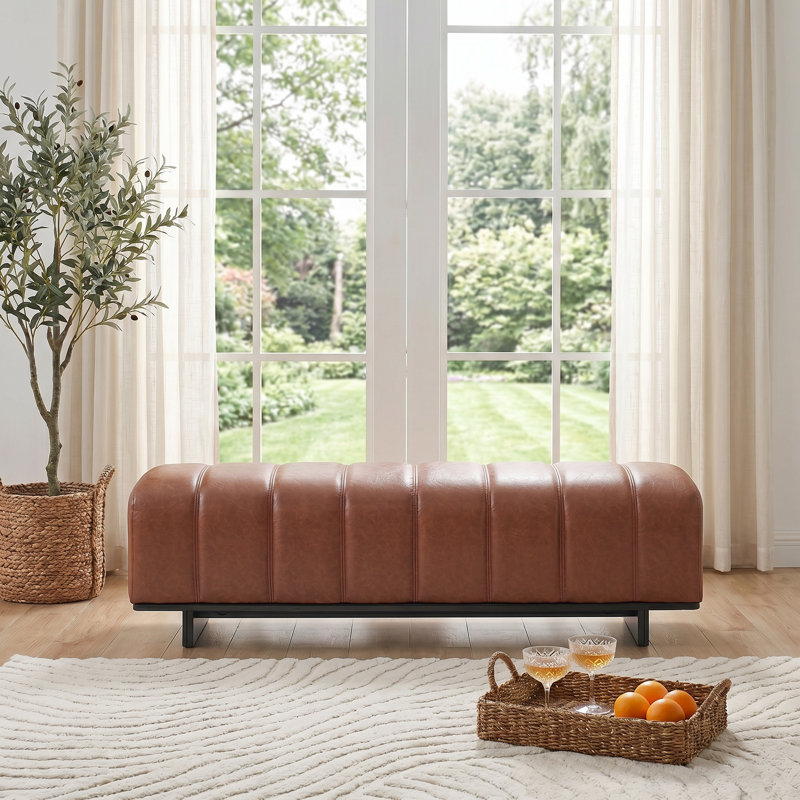 PU Upholstered Bench with Rubber Wood Legs, 250lbs Stable Leisure Bench for Bed End Dining Room Bedroom, Brown PU