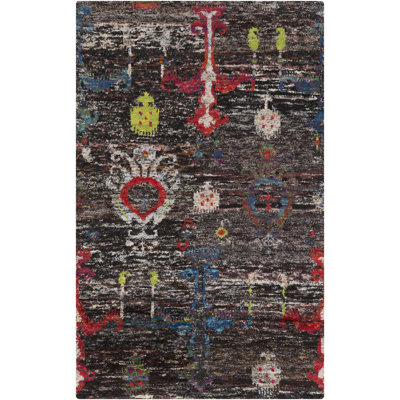 Tapis brun foncé / rouge foncé en soie noué à la main Diba