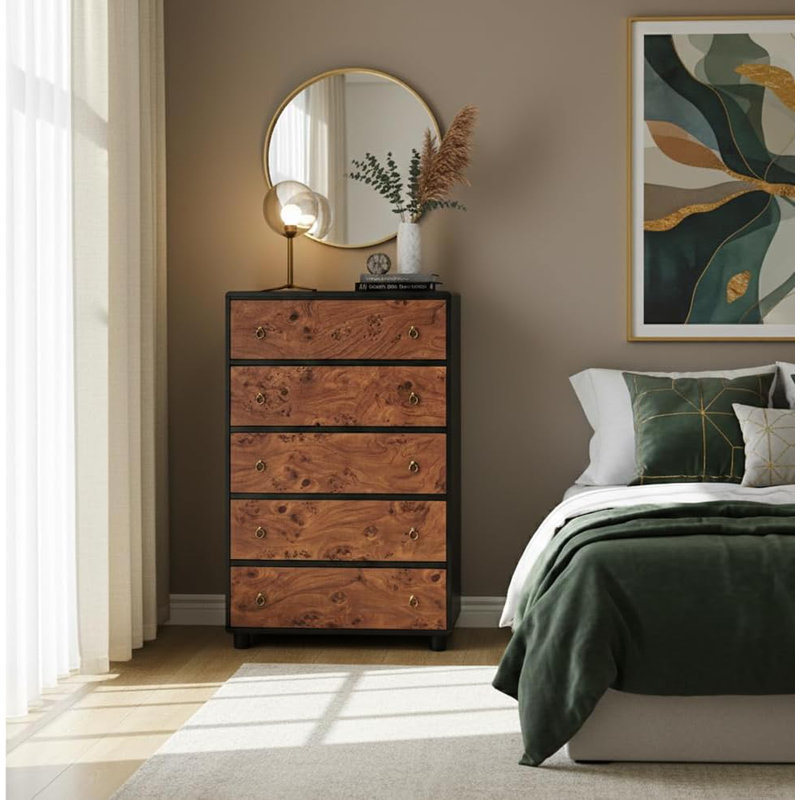 Commode 5 tiroirs, commode moderne de 46 po de hauteur avec texture naturelle, organisateur de tiroir en bois pour chambre à coucher, salon