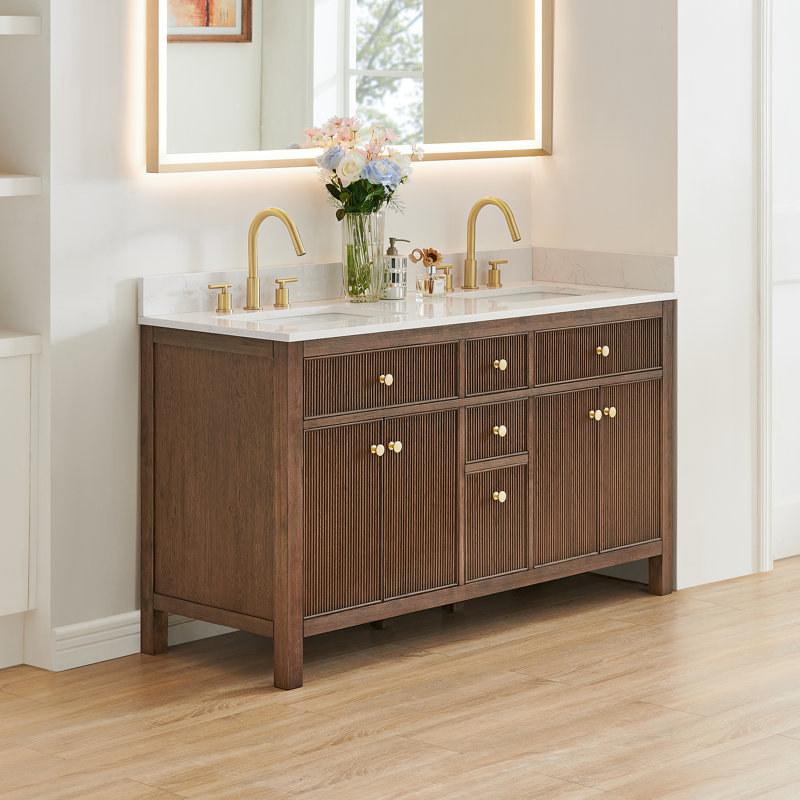 Lala 60" Double Bathroom Vanity with Grain White Engineered Stone Countertop without Mirror, Brown Brushed Oak