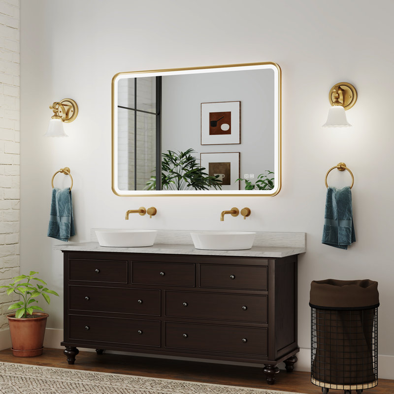 Harcrest Lighted Metal Framed Wall Mounted Bathroom in Gold, 70cm H x 100cm W