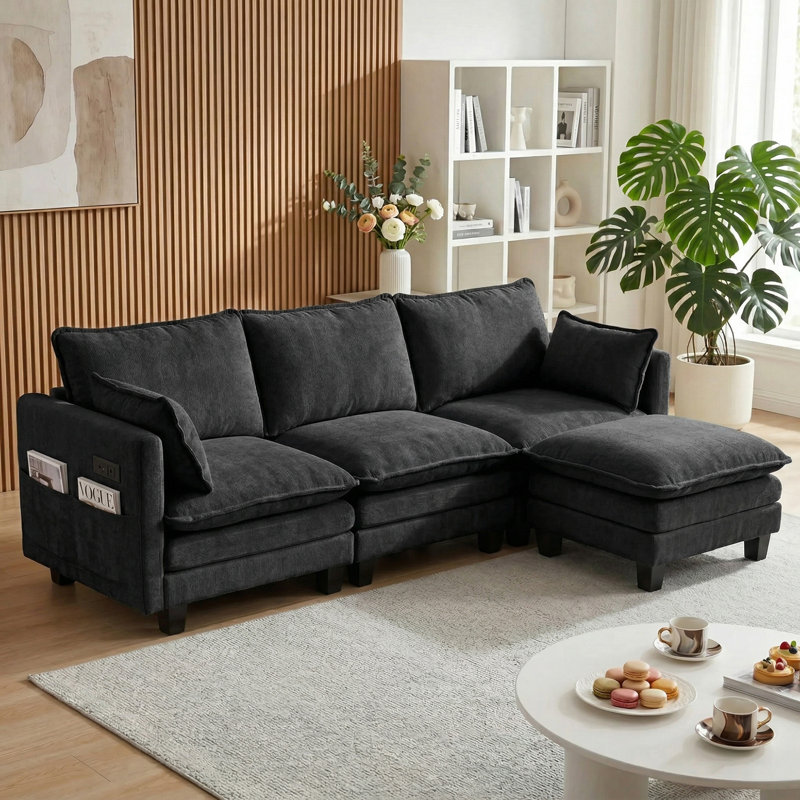 Canapé de 108 pouces, canapé 3 places avec repose-pieds autoportant et port USB, Black Chenille