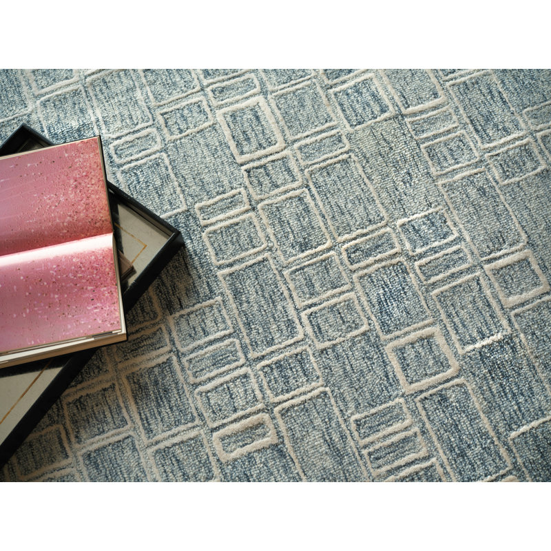 Soho Hand Tufted Wool Abstract Area Rug, Rectangle 9' x 12', Blue/Ivory