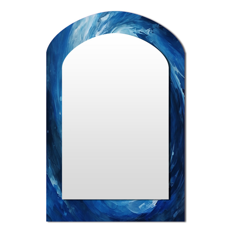 Blue Swirl Wave Spiral VI - Abstract Spirals Asymmetrical Large Wall Mirror, Blue Freeform Decorative Mirror, Printed Metal Art