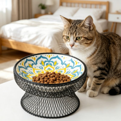 Bohemian Printed Elevated Ceramic Cat Bowl, Neck Support Anti-Slip Raised Pet Food Dish for Cats