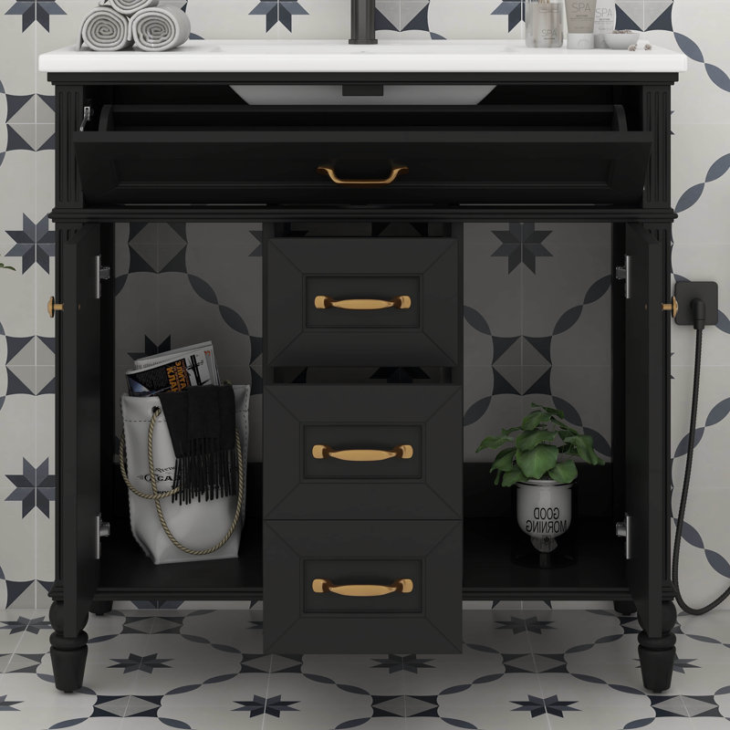 Meuble-lavabo 36 po avec lavabo, meuble-lavabo simple avec tiroir supérieur rabattable, portes à fermeture en douceur, 2 tiroirs de rangement