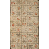 Floral Inlay Ivory Antique American Geometric Folk Art Basket Weave Design Hooked Rug