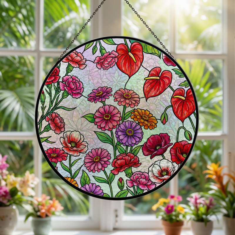 Panneau de vitrail à motif floral H 12 po, H 12 po x l 12 po