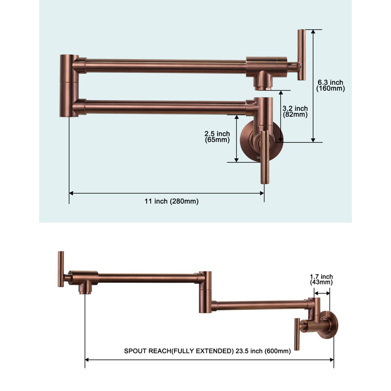 Commercial Wall Mount Brass Pot Filler Faucet with Double Joint Swing Arms, Rose Gold