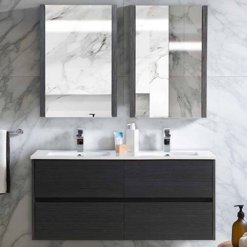 Oquendo 48'' Wall-Mounted Double Bathroom Vanity with Ceramic Sink & Medicine Cabinet – All-Wood, 2 Drawers, Open Back Design