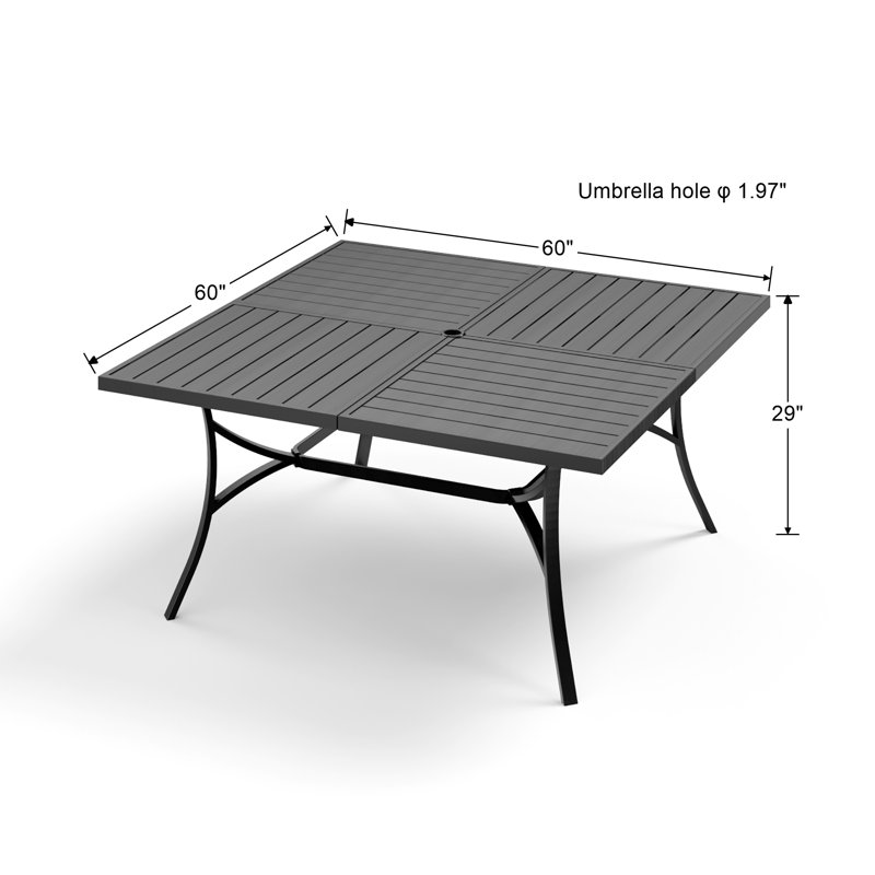 Square Outdoor Dining Table With Umbrella Hole , 60.1'' in. W 60.1'' in. D, Black
