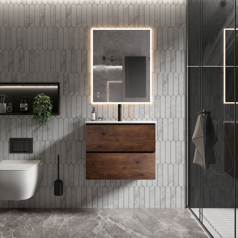 Kersha 24 Inch Single Bathroom Vanity with Ceramic Top with Overflow, Pre-Assembled, 24", Brown, Single Hole