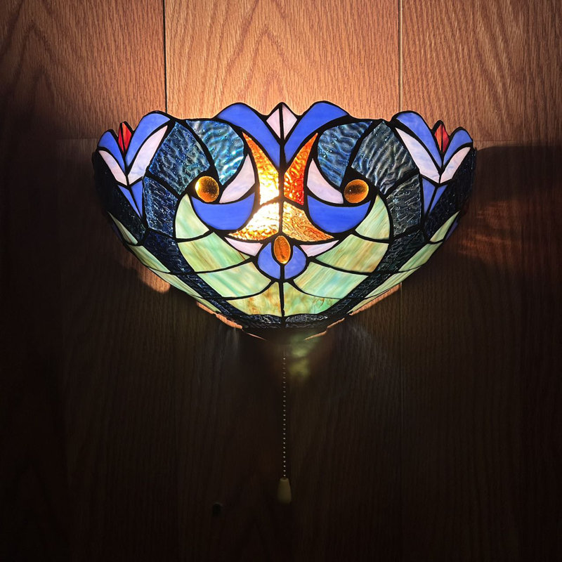 Simonson Tiffany Wall Sconces Half Moon Blue Green Stained Glass Pull Chain Switch LED Bulb 12"W*6"D*7"H